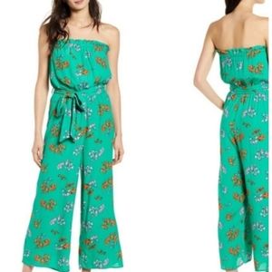 Lost + Wander Kelly Green Jumpsuit with Botanical Print & Sash Belt. Like New!